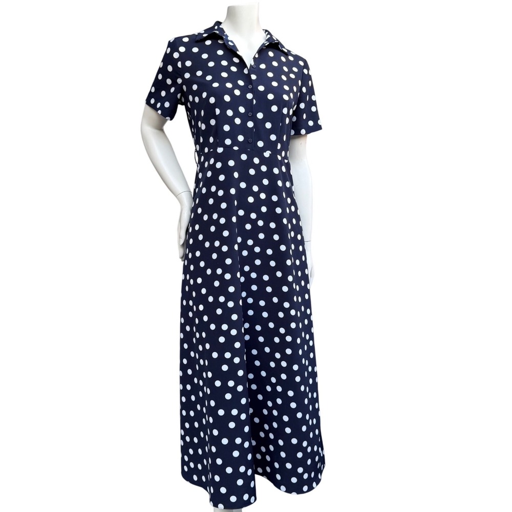 Vintage‎ Navy Polka Dot Maxi Dress Retro Rockabilly Pinup Button Front Size M
